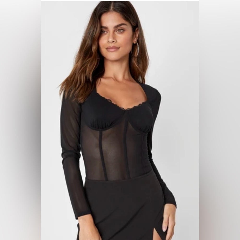 Lulus Sultry Expectations Black Mesh Bustier Top Sheer Size Small
